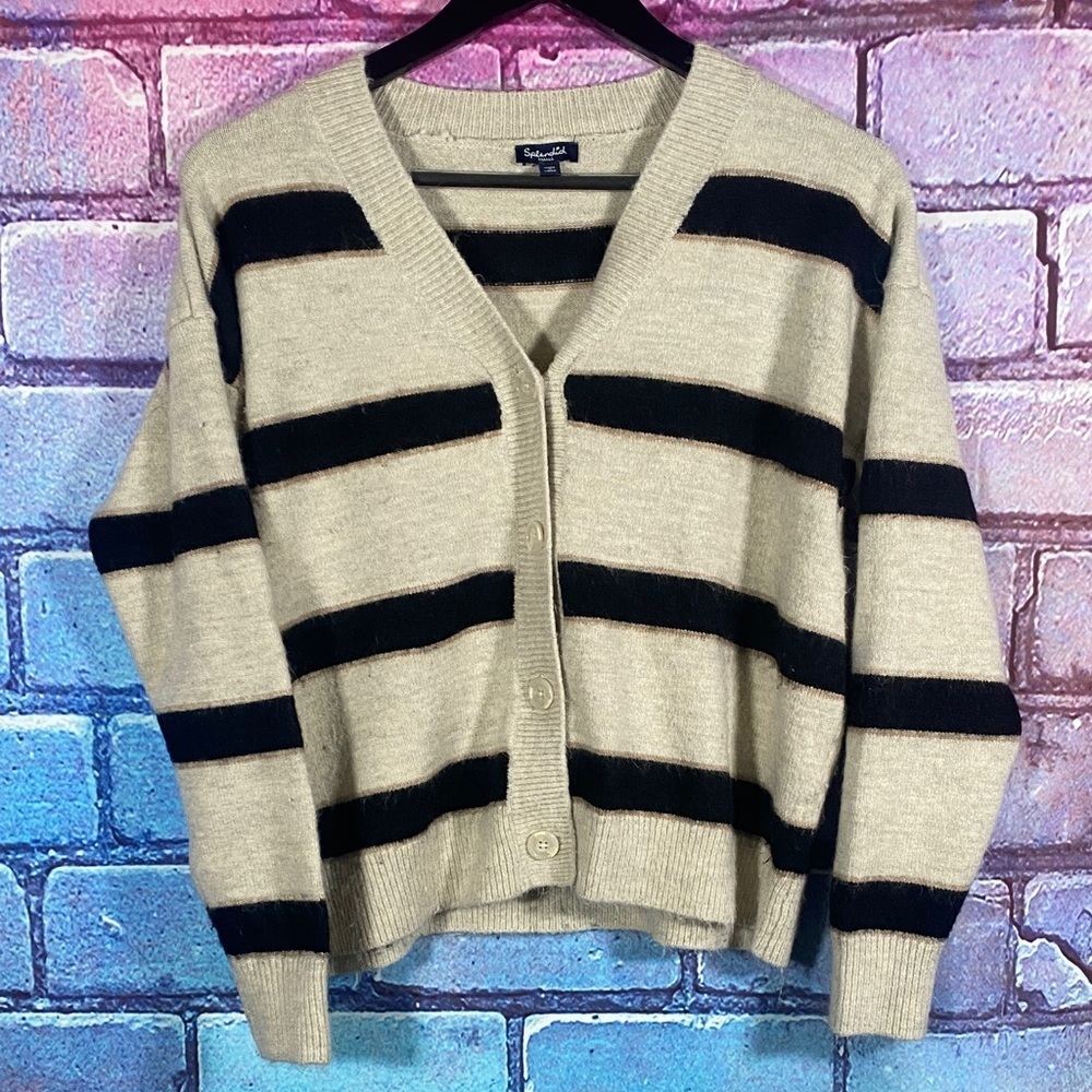 Splendid Striped Cardigan Sweater Beige Black Size Small Button Front Knit Soft